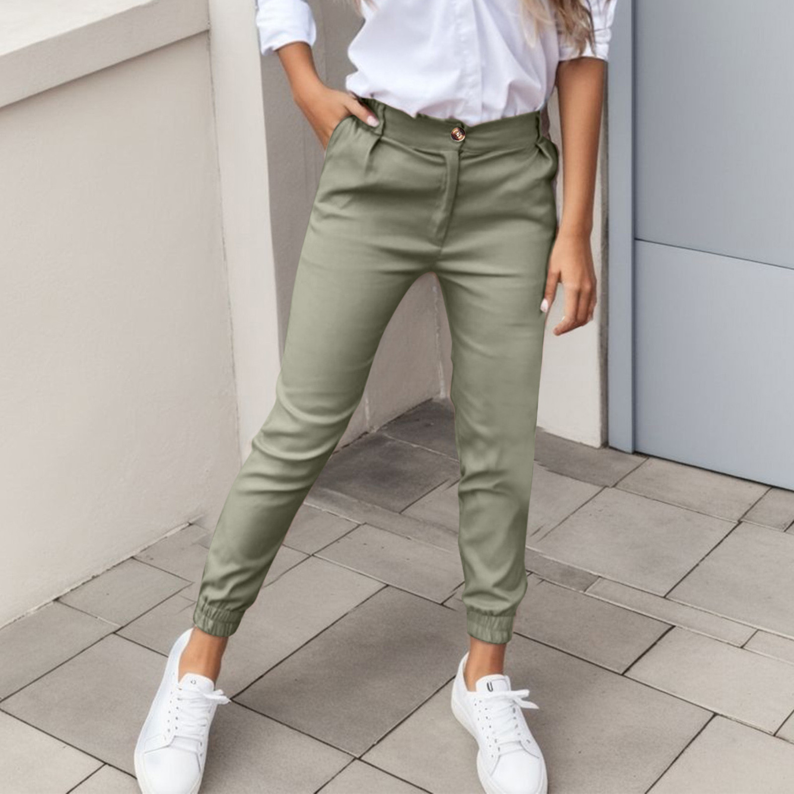 thumbnail image 2 of Pantalones deportivos informales de mujer de cintura alta y color liso con bolsillo - Leggings cortos, cintura elástica, para todas las estaciones - S-XXL, 2 of 7